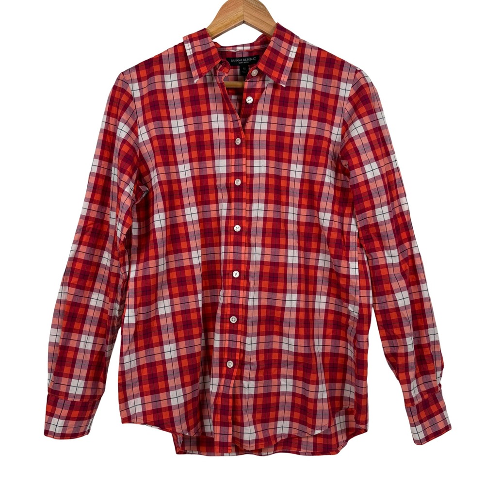 Banana Republic Button Down Mens Size M Red Plaid Soft‎ Wash Long Sleeve Shirt